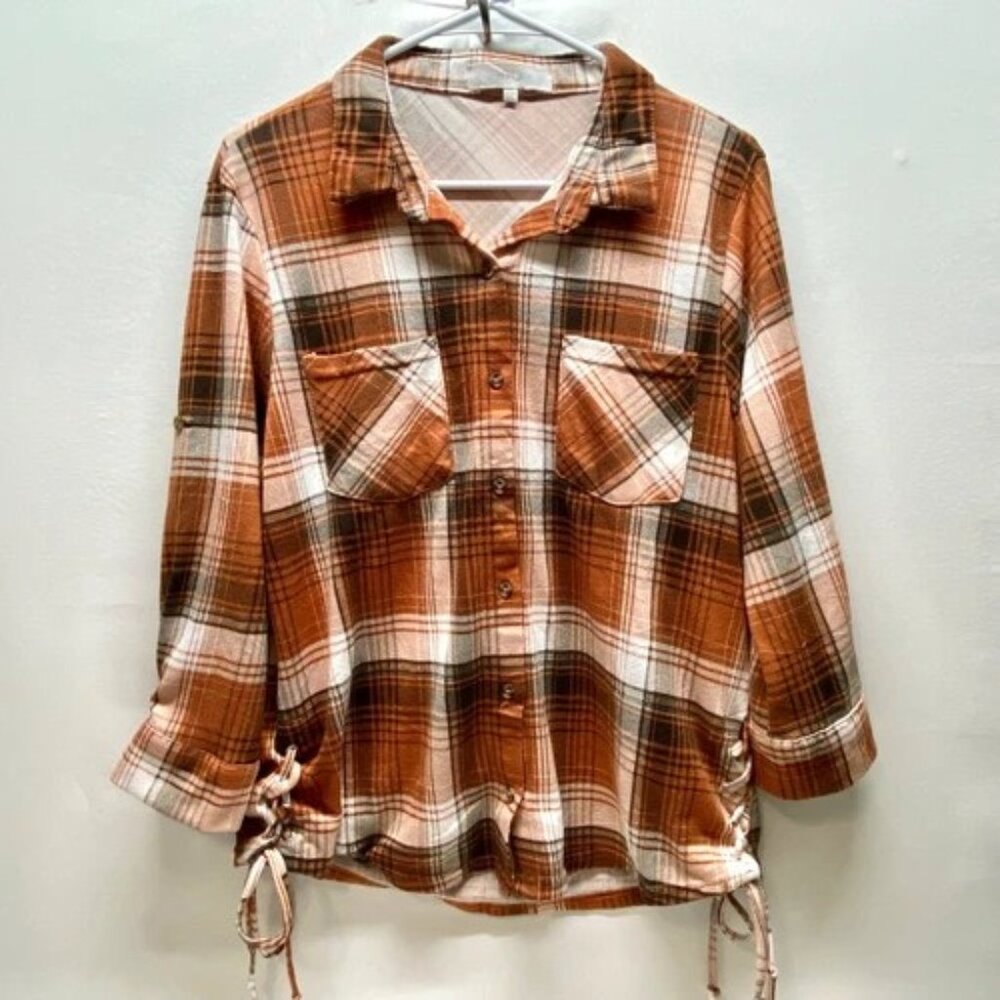 Eden & Olivia Button Down Shirt Women's XL Orange Brown Plaid Lace Tie Hips GUC